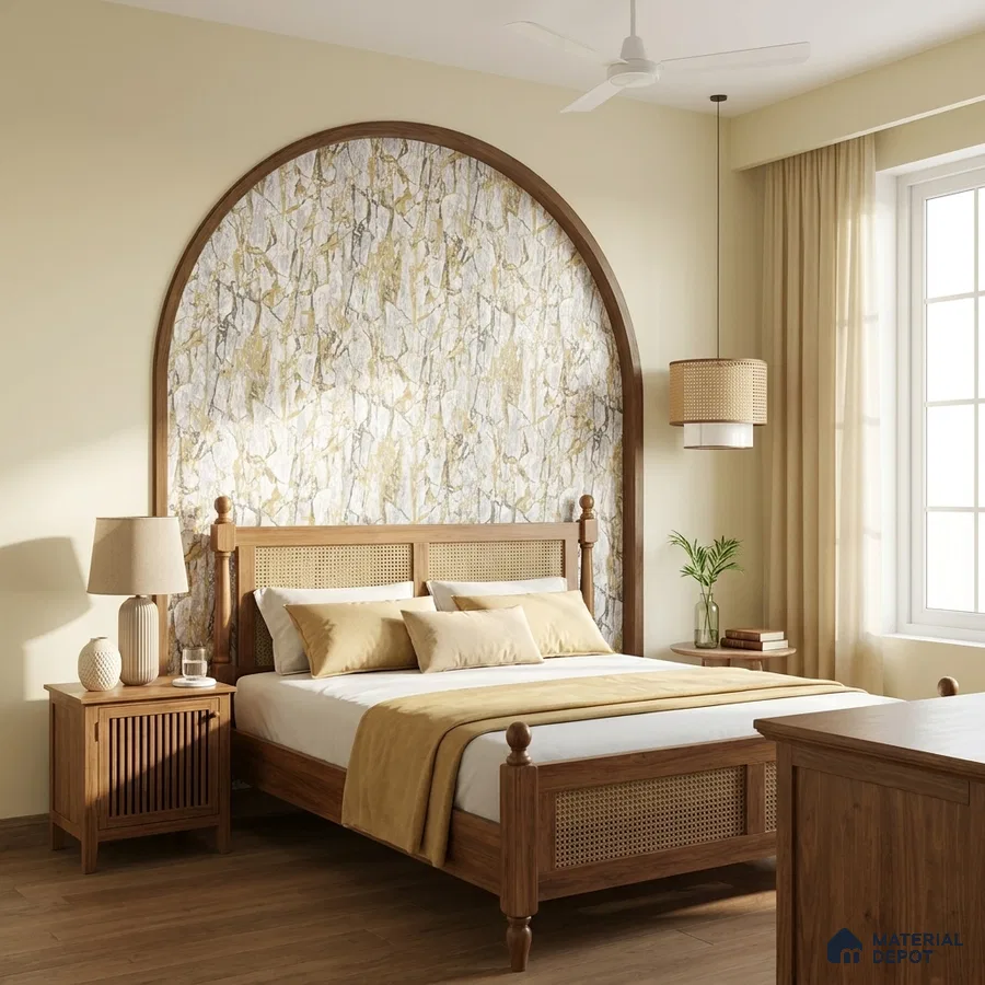 Scandinavian bedroom with natural wood furniture, marble-look wallpaper accent, and warm beige palette