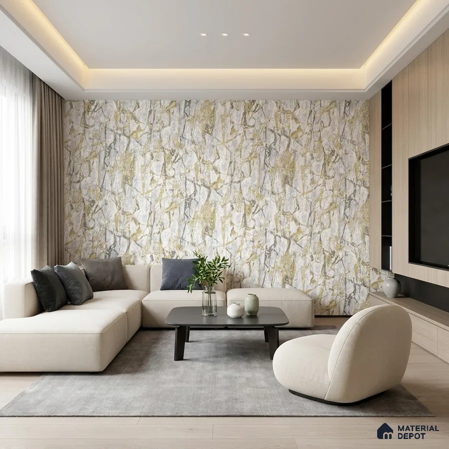 Modern living room with abstract marble-effect wallpaper and light oak laminate TV unit