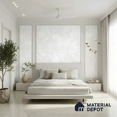 Minimalist bedroom with off-white marble floor and textured white wall panels