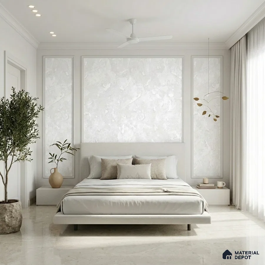 Minimalist bedroom with off-white marble floor and textured white wall panels