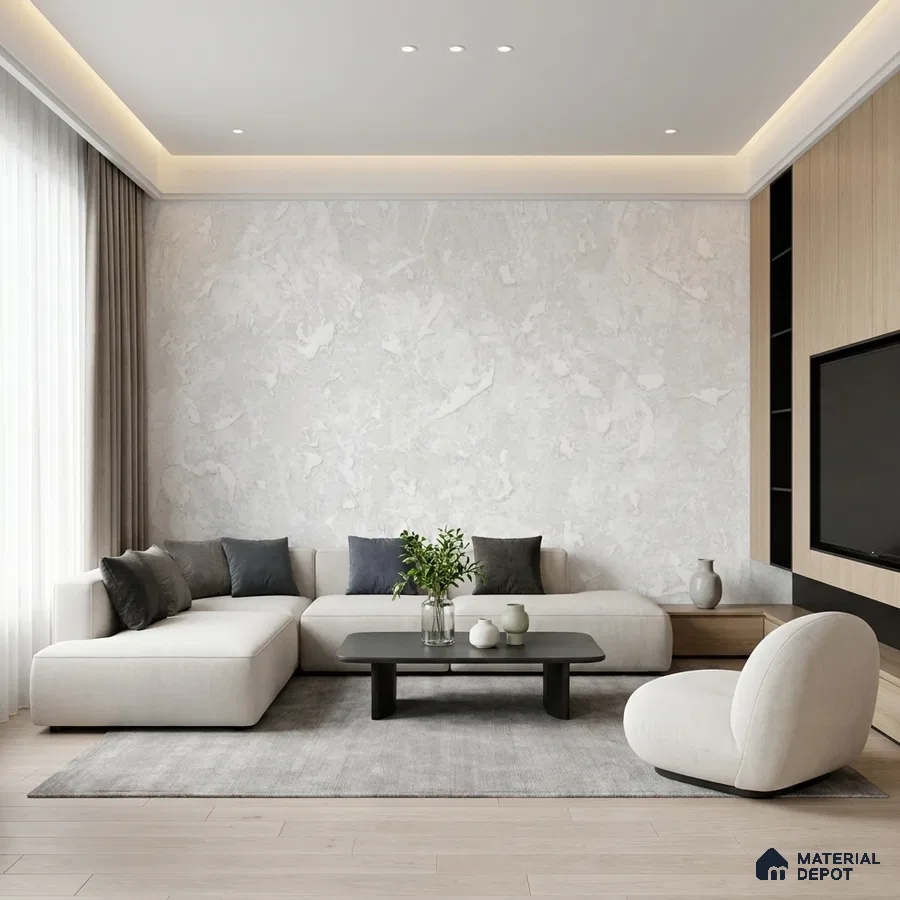Minimalist living room with marble-look wall, light oak laminate TV unit, and pale wood flooring