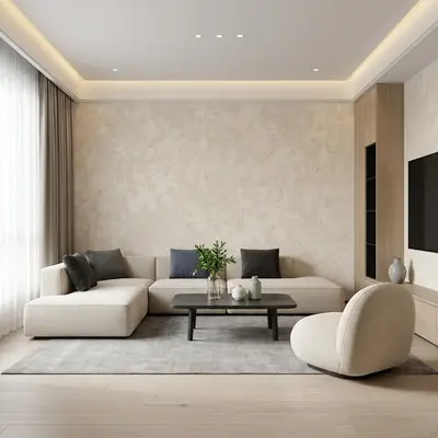 Minimalist living room with beige textured wallpaper, light wood flooring, and neutral fabric sofa