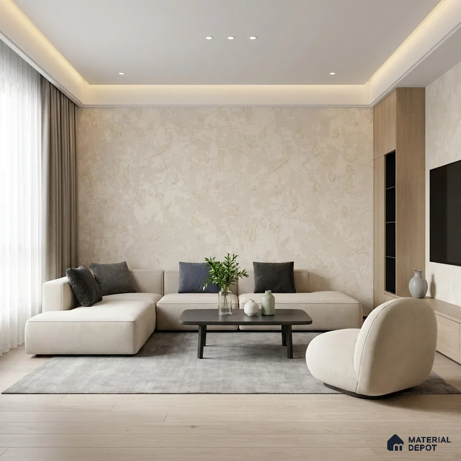 Minimalist living room with beige textured wallpaper, light wood flooring, and neutral fabric sofa