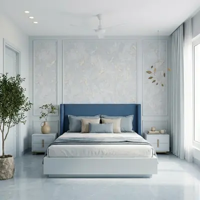 Minimalist bedroom with blue suede upholstered bed, marble look wall panels, and glossy white marble flooring