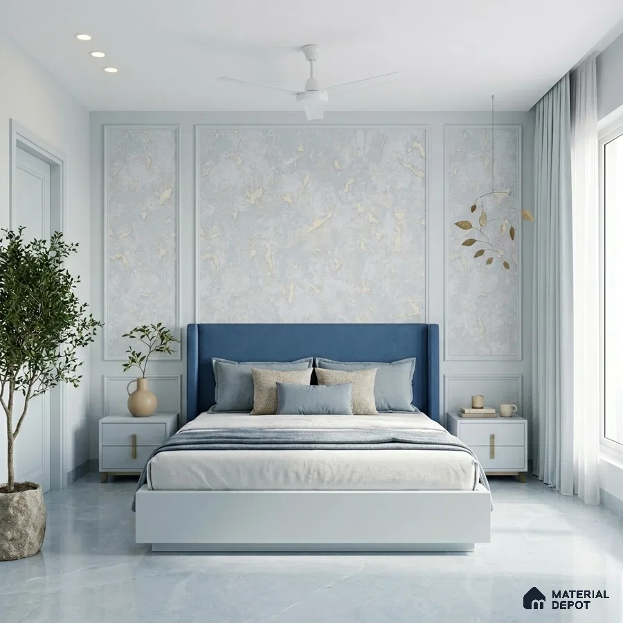 Minimalist bedroom with blue suede upholstered bed, marble look wall panels, and glossy white marble flooring