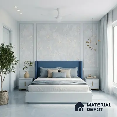 Minimalist bedroom with blue suede upholstered bed, marble look wall panels, and glossy white marble flooring