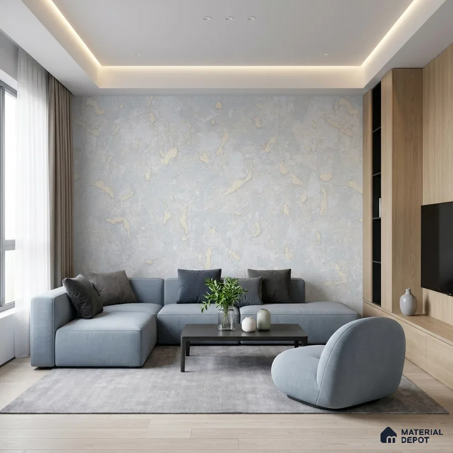 Minimalist living room with pastel blue abstract wallpaper and light oak laminate TV unit