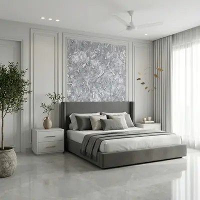 Minimalist bedroom with grey suede upholstered bed, marble look accent wall, and glossy marble floor tiles