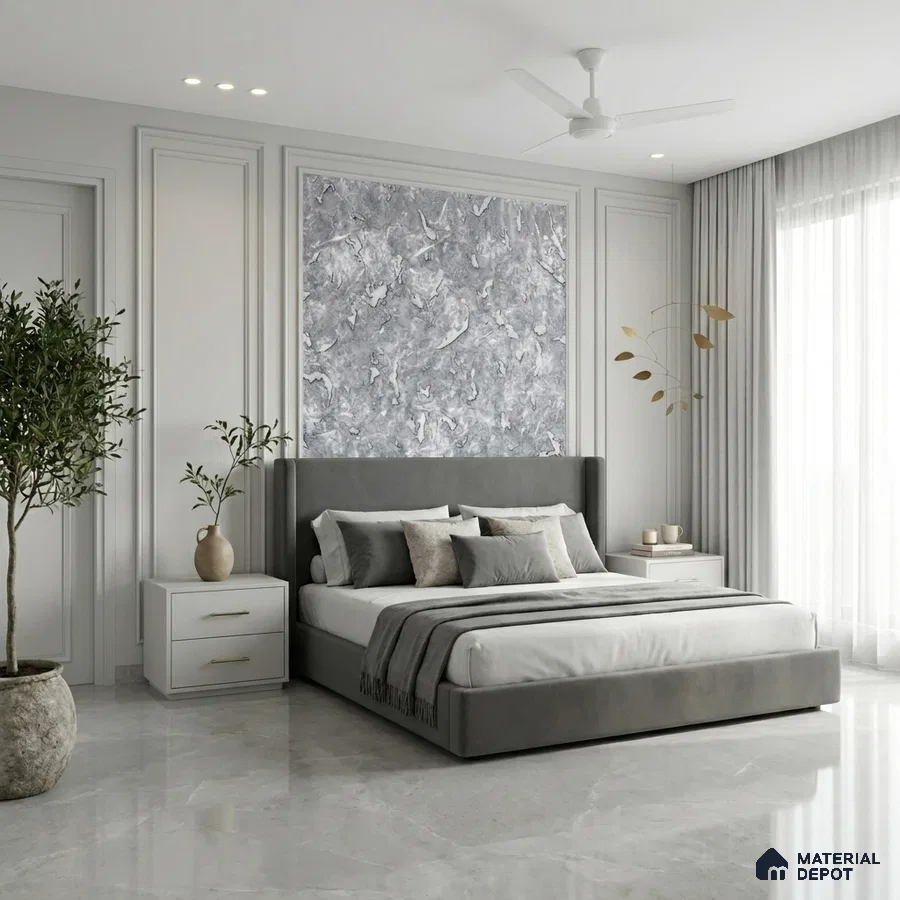 Minimalist bedroom with grey suede upholstered bed, marble look accent wall, and glossy marble floor tiles