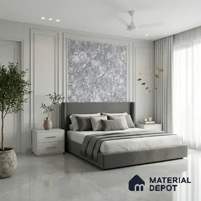 Minimalist bedroom with grey suede upholstered bed, marble look accent wall, and glossy marble floor tiles