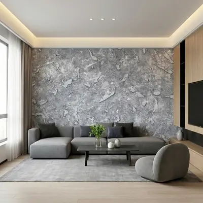 Modern living room with grey marble-look wallpaper and light oak laminate TV unit