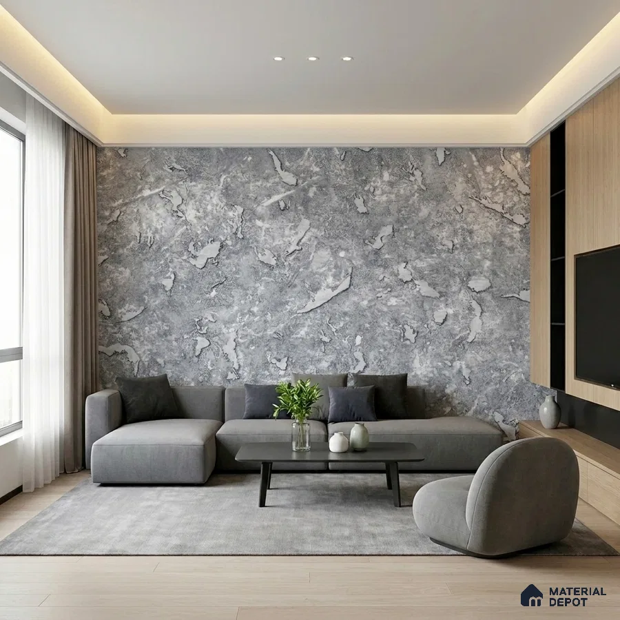 Modern living room with grey marble-look wallpaper and light oak laminate TV unit