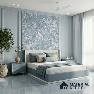 Modern bedroom with blue marble accent wall and glossy blue floor tiles