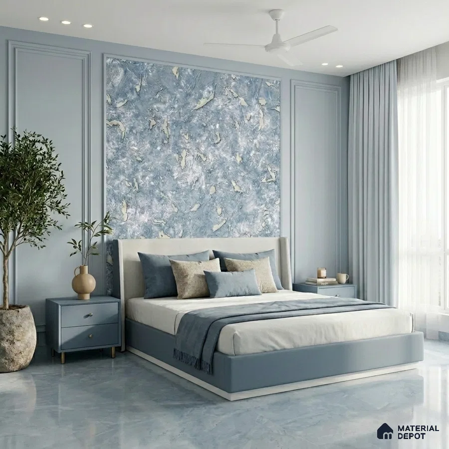 Modern bedroom with blue marble accent wall and glossy blue floor tiles