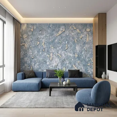 Modern living room with blue abstract wallpaper, blue fabric sofa, and light wood laminate TV unit