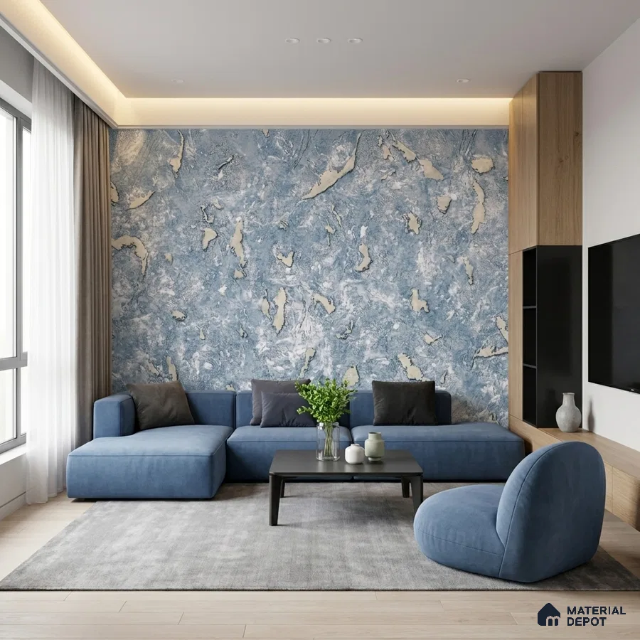 Modern living room with blue abstract wallpaper, blue fabric sofa, and light wood laminate TV unit