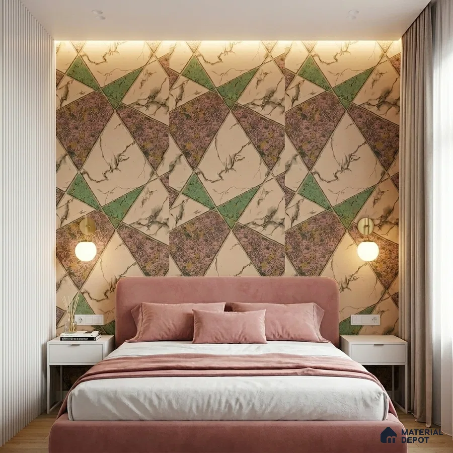 Modern bedroom with geometric marble and floral wallpaper, blush pink suede upholstered bed