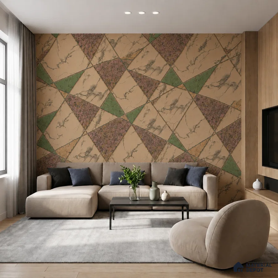 Modern living room with geometric marble-look accent wall and beige upholstery