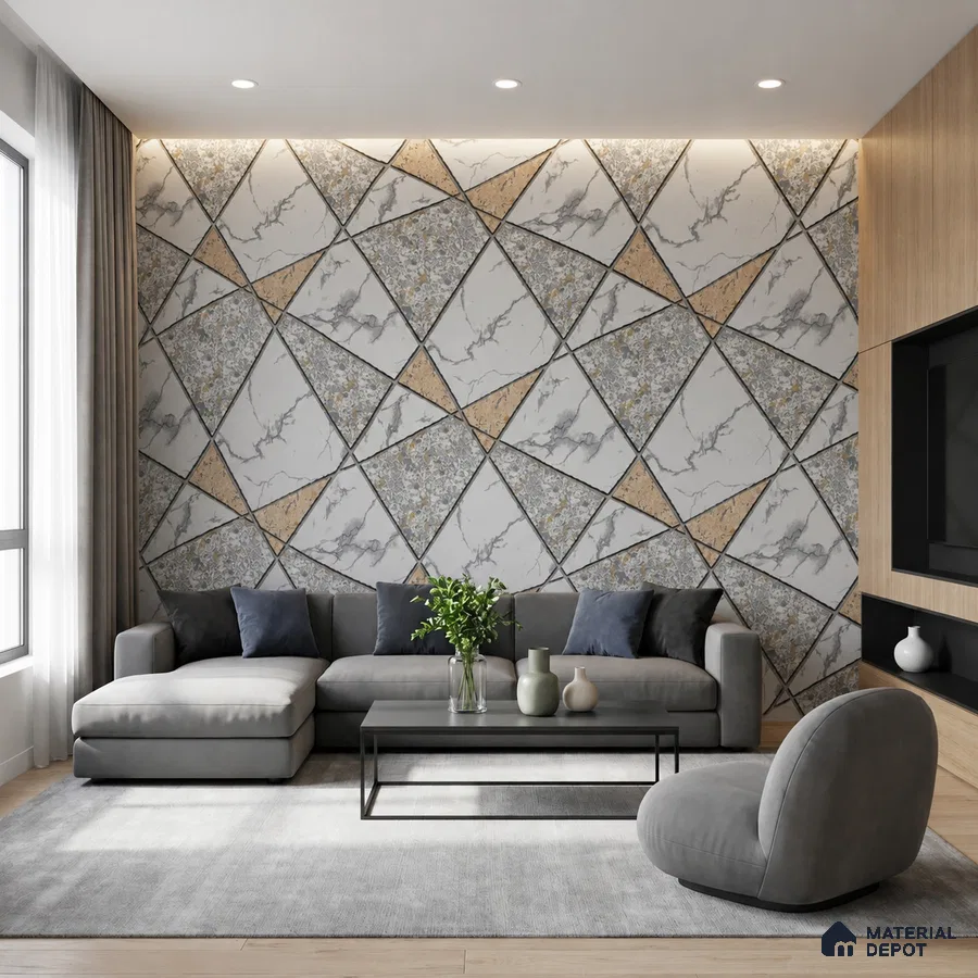 Modern living room with geometric marble and terrazzo accent wall and light oak wooden flooring