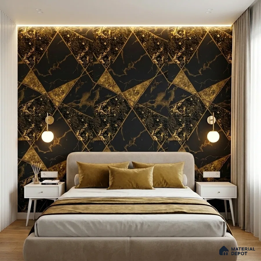 Art Deco bedroom with black and gold geometric marble wallpaper and suede upholstery
