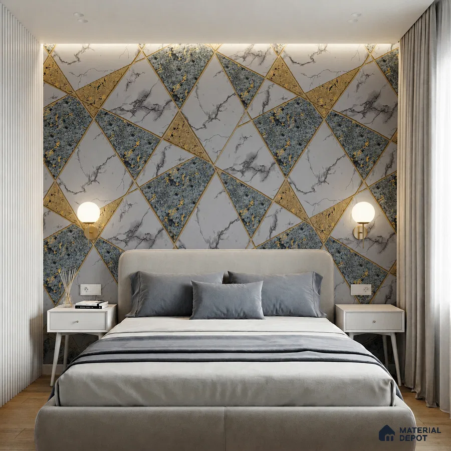 Modern bedroom with geometric marble and terrazzo accent wallpaper and grey upholstered bed