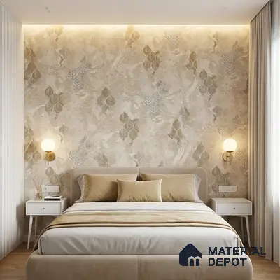 Scandinavian bedroom with beige floral wallpaper and suede upholstered bed