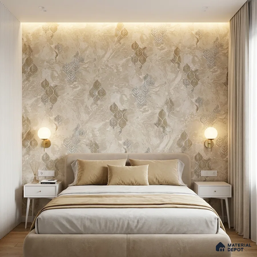Scandinavian bedroom with beige floral wallpaper and suede upholstered bed