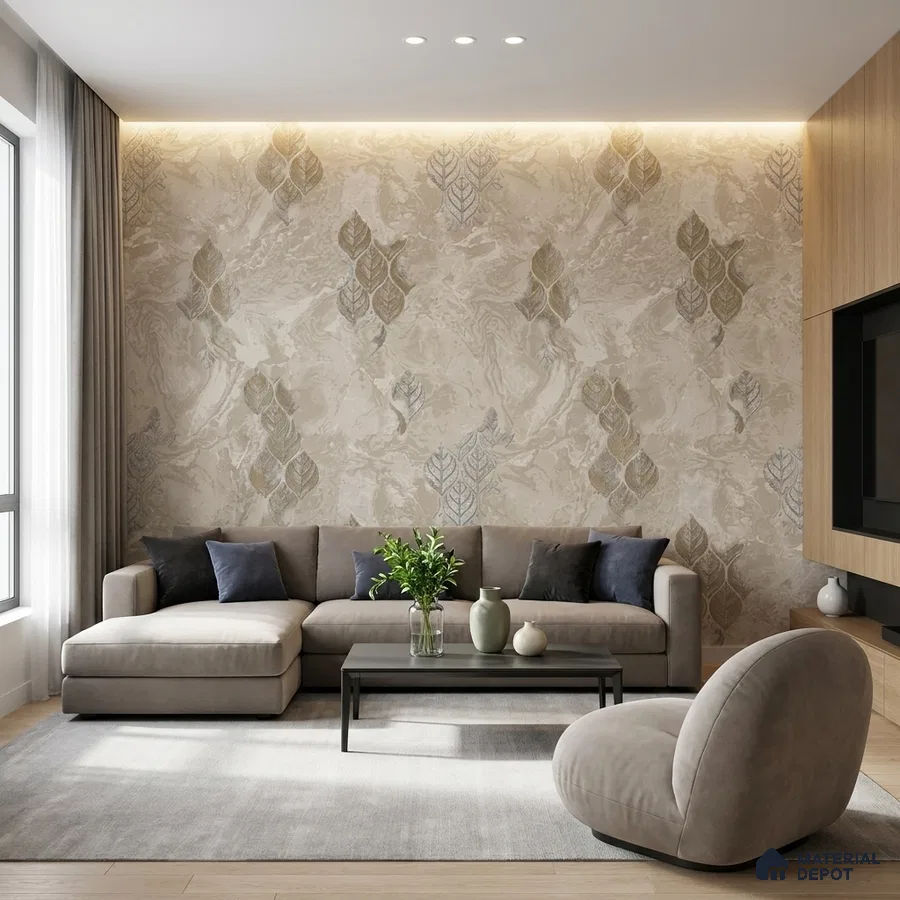 Modern living room with beige leaf-patterned wallpaper and light oak wood paneling