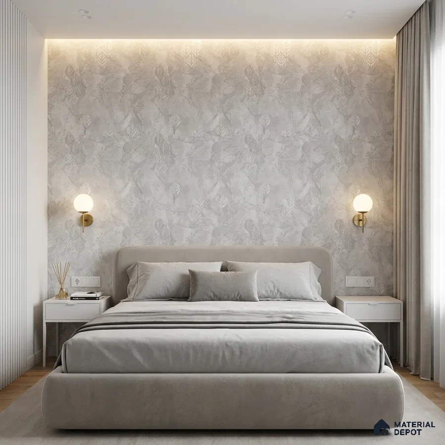 Minimalist bedroom with textured grey floral wallpaper and suede upholstered bed
