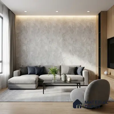 Minimalist living room with textured grey wallpaper, light oak wooden flooring, and neutral upholstered sofa