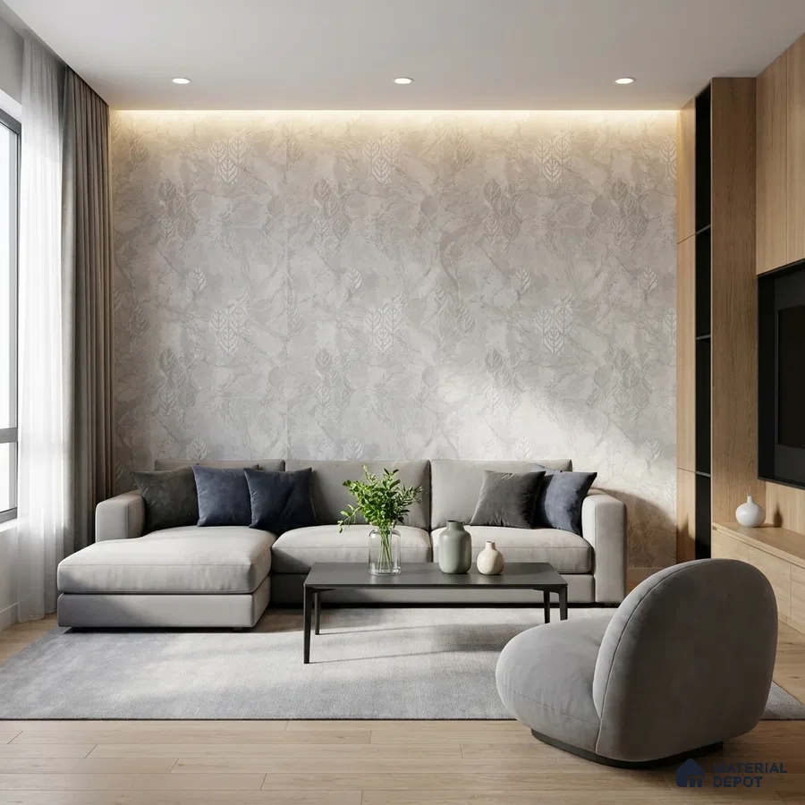 Minimalist living room with textured grey wallpaper, light oak wooden flooring, and neutral upholstered sofa
