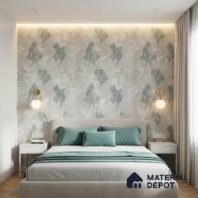 Scandinavian bedroom with leaf patterned wallpaper and light wood flooring