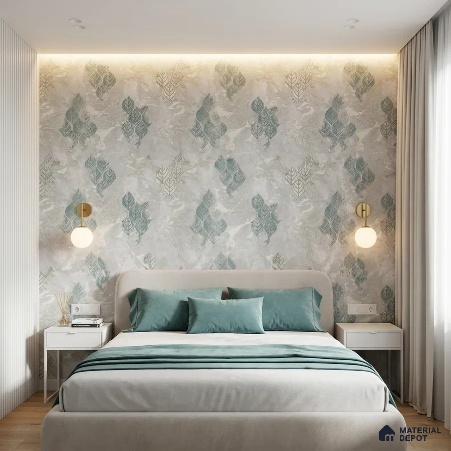Scandinavian bedroom with leaf patterned wallpaper and light wood flooring