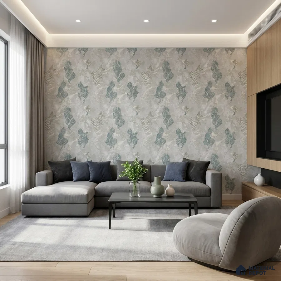 Modern living room with patterned wallpaper, grey suede upholstery, and light oak laminate TV unit