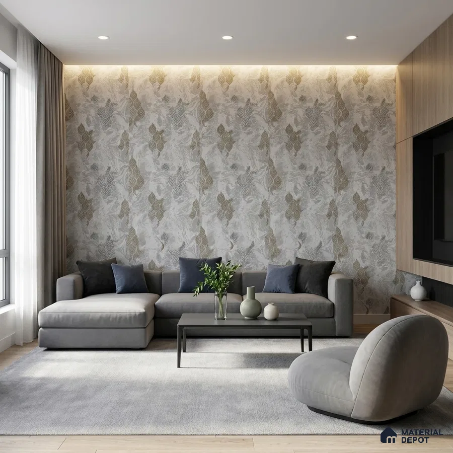 Modern living room with patterned wallpaper, grey fabric sofa, and light wood laminate TV unit