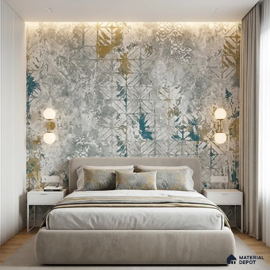 Modern bedroom with abstract patterned wallpaper, suede upholstered bed, and light wood flooring