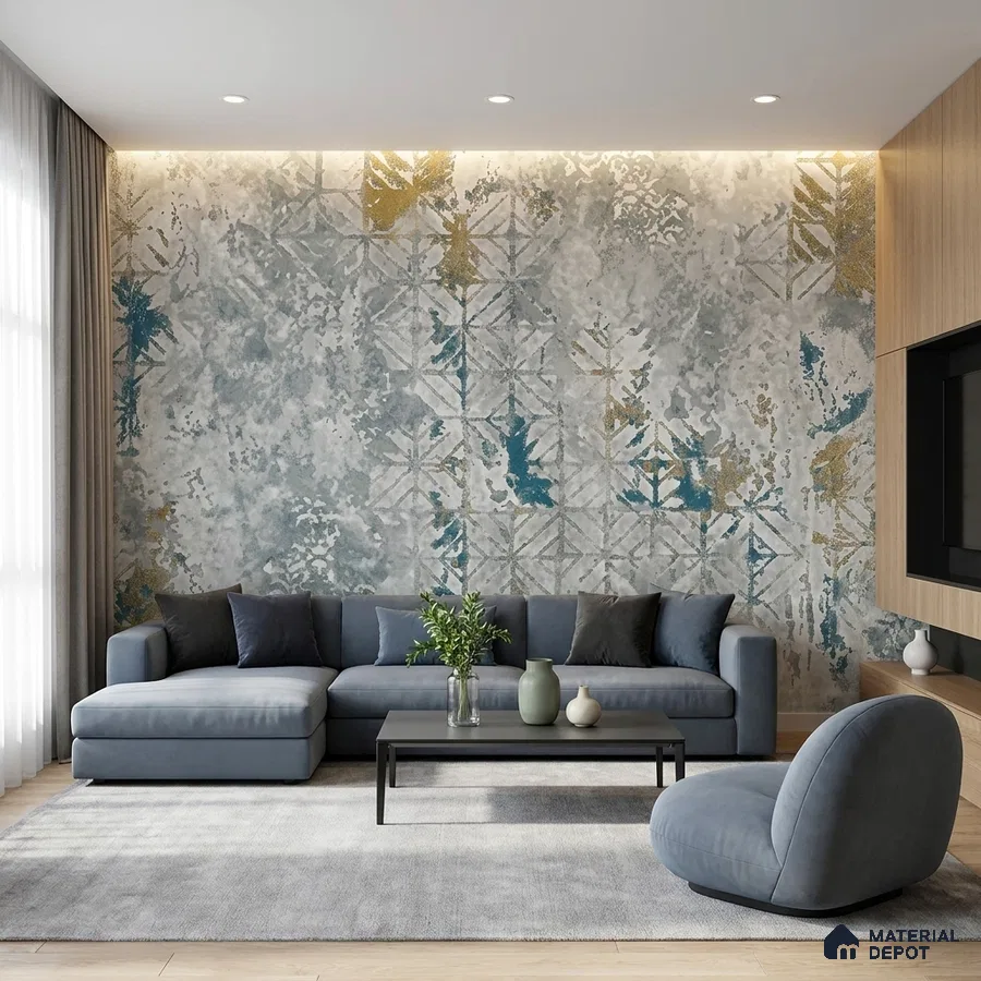 Modern living room with abstract patterned wallpaper, grey upholstery, and light wood laminate TV unit