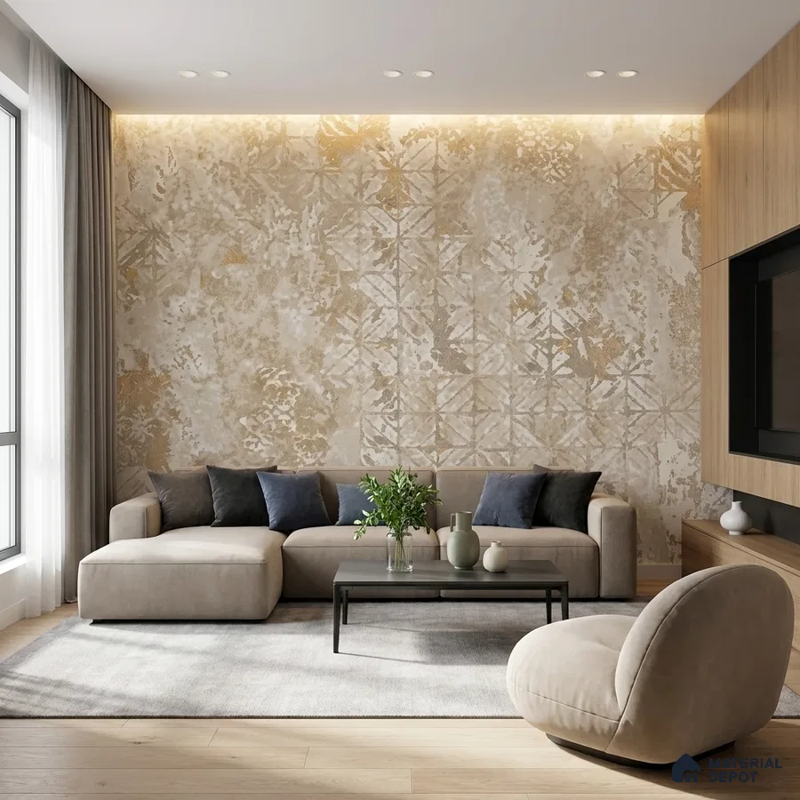 Modern living room with beige patterned wallpaper, light wood flooring, and neutral upholstered sofa