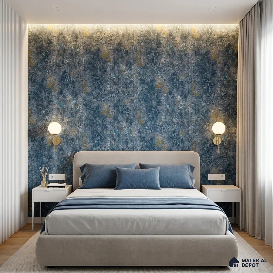 Modern bedroom with blue patterned wallpaper, suede upholstered bed, and white fluted wall panels