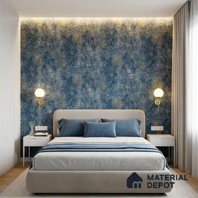 Modern bedroom with blue patterned wallpaper, suede upholstered bed, and white fluted wall panels