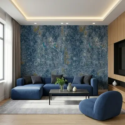 Modern living room with blue patterned wallpaper, blue fabric sofa, and light oak laminate TV unit
