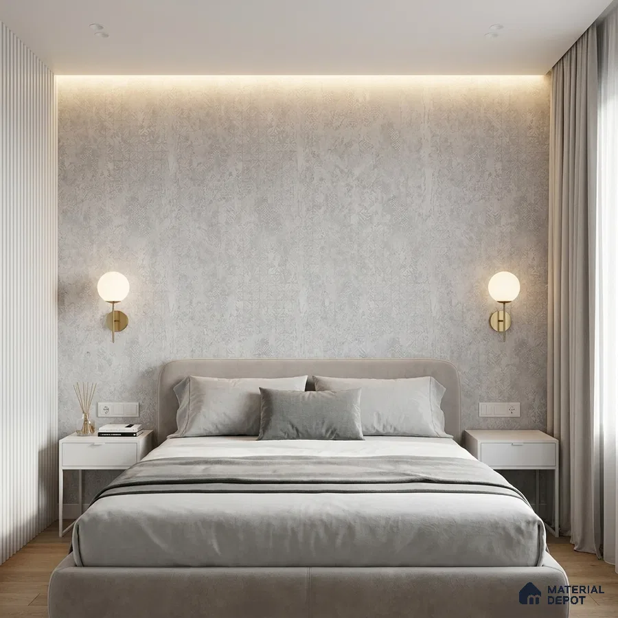 Minimalist bedroom with textured grey wallpaper, suede upholstered bed, and light wood flooring