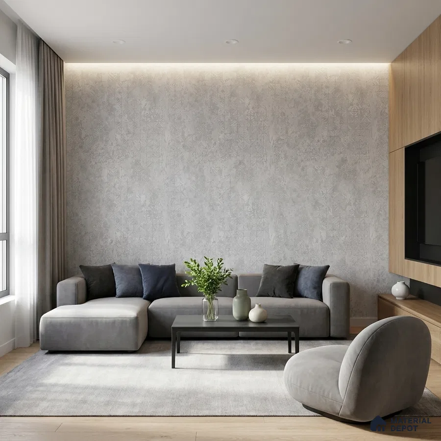 Minimalist living room with grey textured wallpaper, light oak laminate TV unit, and grey fabric sofa