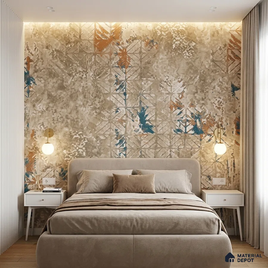 Modern bedroom with abstract patterned wallpaper, suede upholstered bed, and light wood flooring