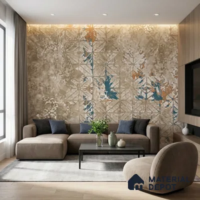Modern living room with abstract patterned wallpaper, beige suede sofa, and light oak wooden flooring