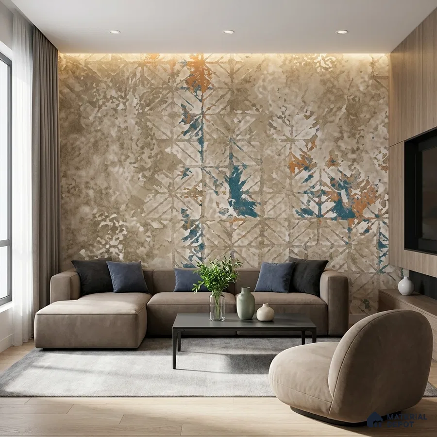 Modern living room with abstract patterned wallpaper, beige suede sofa, and light oak wooden flooring