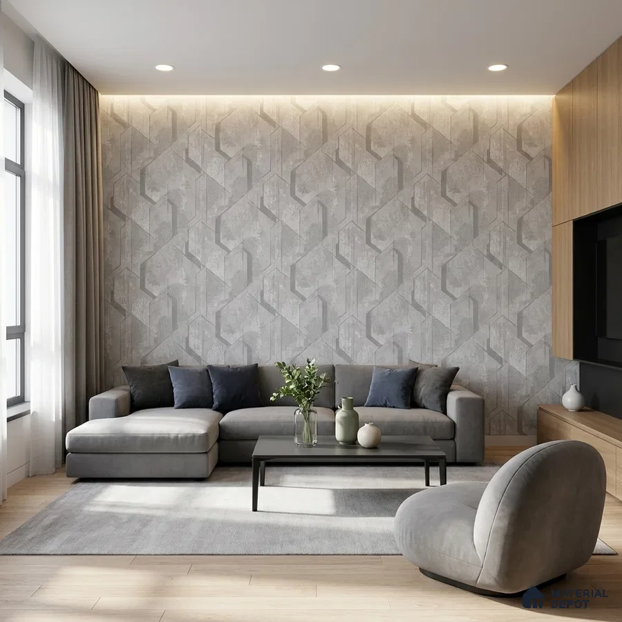 Modern living room with geometric grey wallpaper, light oak wooden flooring, and grey suede upholstery