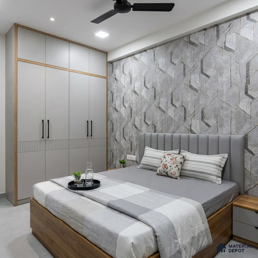 Modern bedroom with grey geometric wallpaper, matte grey laminate wardrobe, and wood finish bed
