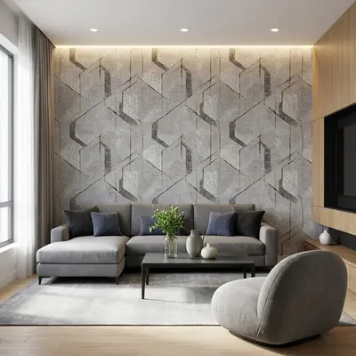 Modern living room with geometric patterned wallpaper, grey upholstery, and light oak wooden flooring