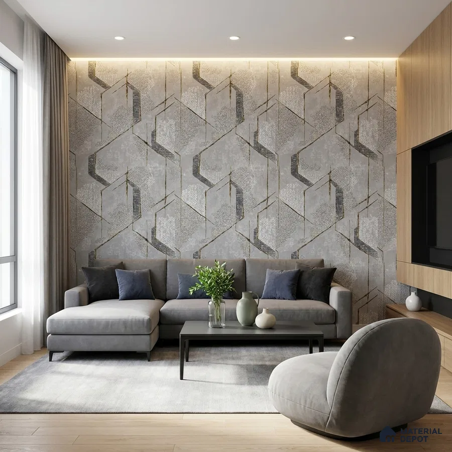 Modern living room with geometric patterned wallpaper, grey upholstery, and light oak wooden flooring